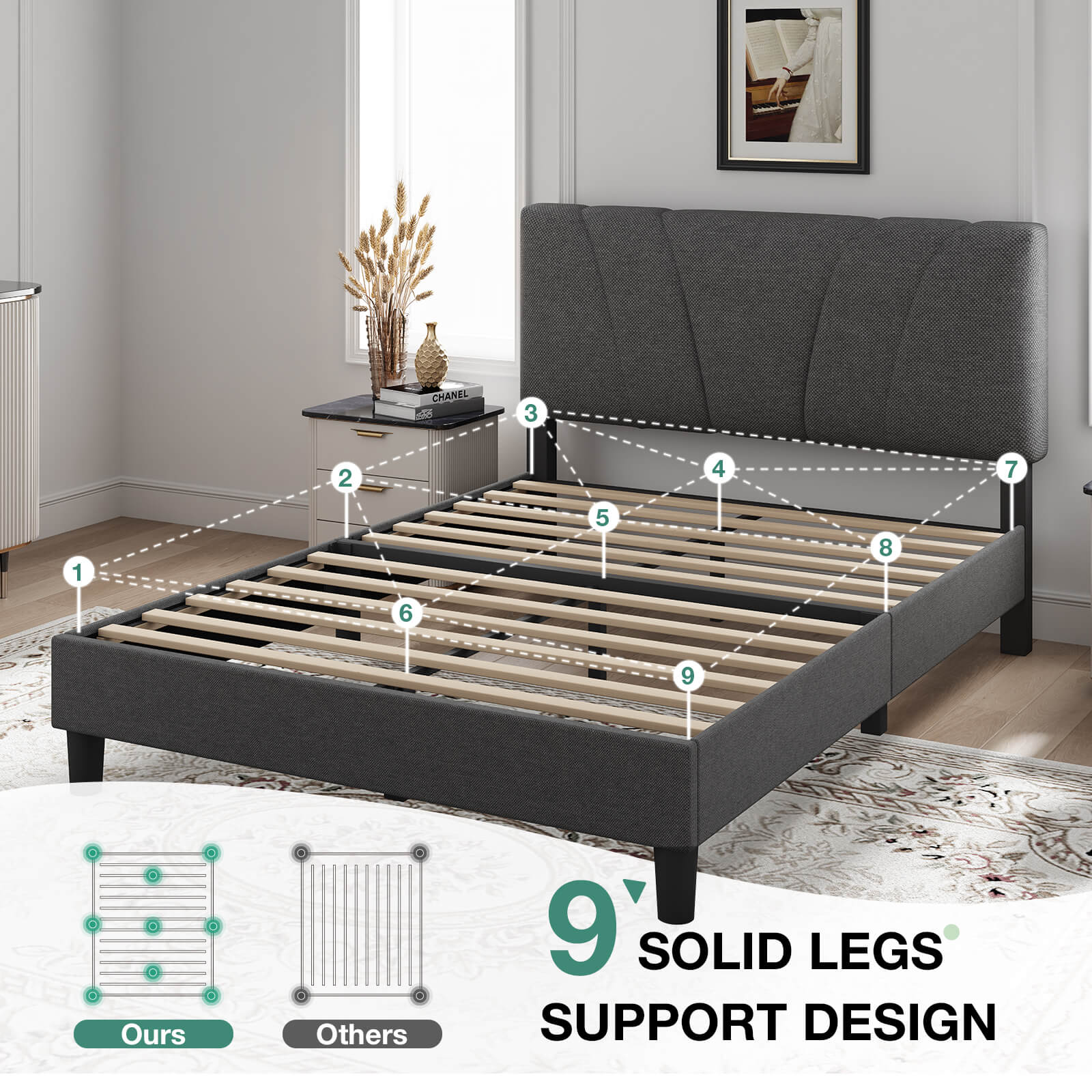 Novilla Queen Bed Frame with Headboard, Bed Frame Queen Size with Wood Slats Support,Linen Upholstered Adjustable Headboard, No Box Spring Needed, Heavy Duty Feet, Easy Assembly, Beige