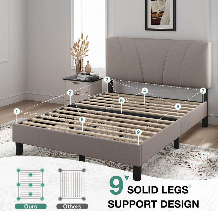 Novilla Queen Bed Frame with Headboard, Bed Frame Queen Size with Wood Slats Support,Linen Upholstered Adjustable Headboard, No Box Spring Needed, Heavy Duty Feet, Easy Assembly, Beige